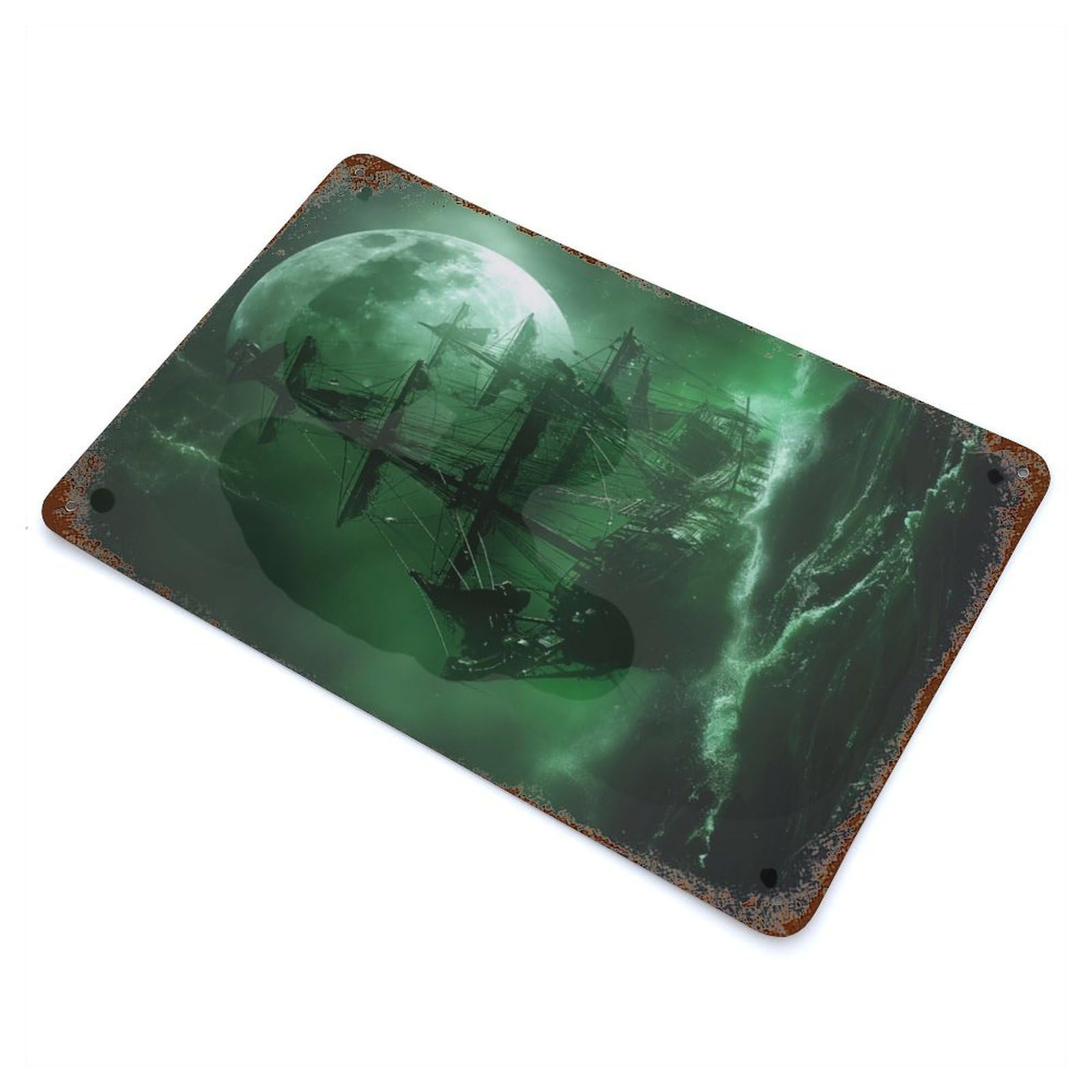Rust Effect Ghost Ship in The Storm Distressed Metal Wall Sign 11.8"x7.9", Decorative Metal Wall Art for Living Room, Hallway And Home Decor