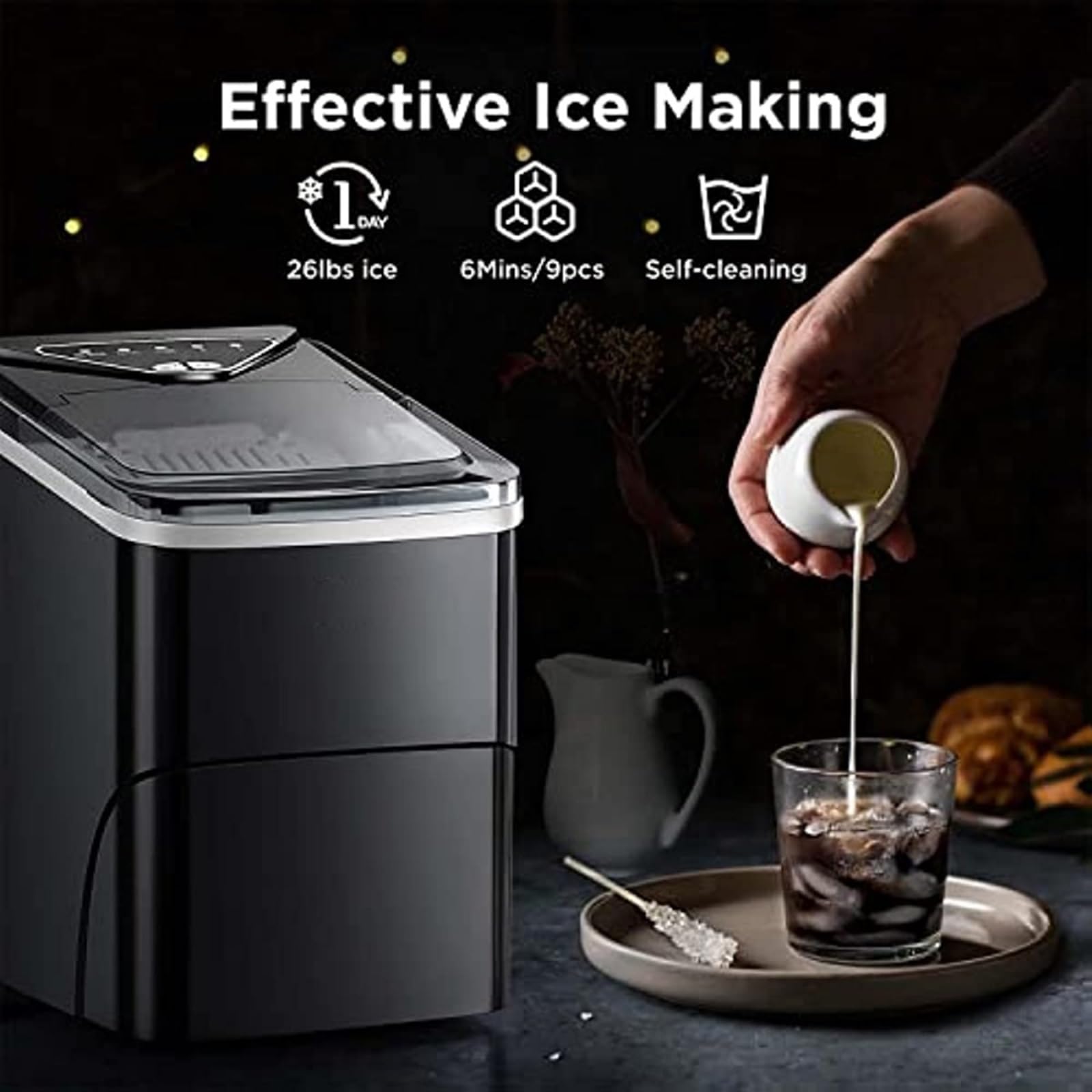 Maquina de Hacer Hielo Máquinas for Hacer Hielo Encimera 9 Cubos Listos en 6 Minutos 26 Libras en 24 Horas Máquina de Hielo autolimpiable con Cuchara for Hielo y Canasta Maquina Cubitos