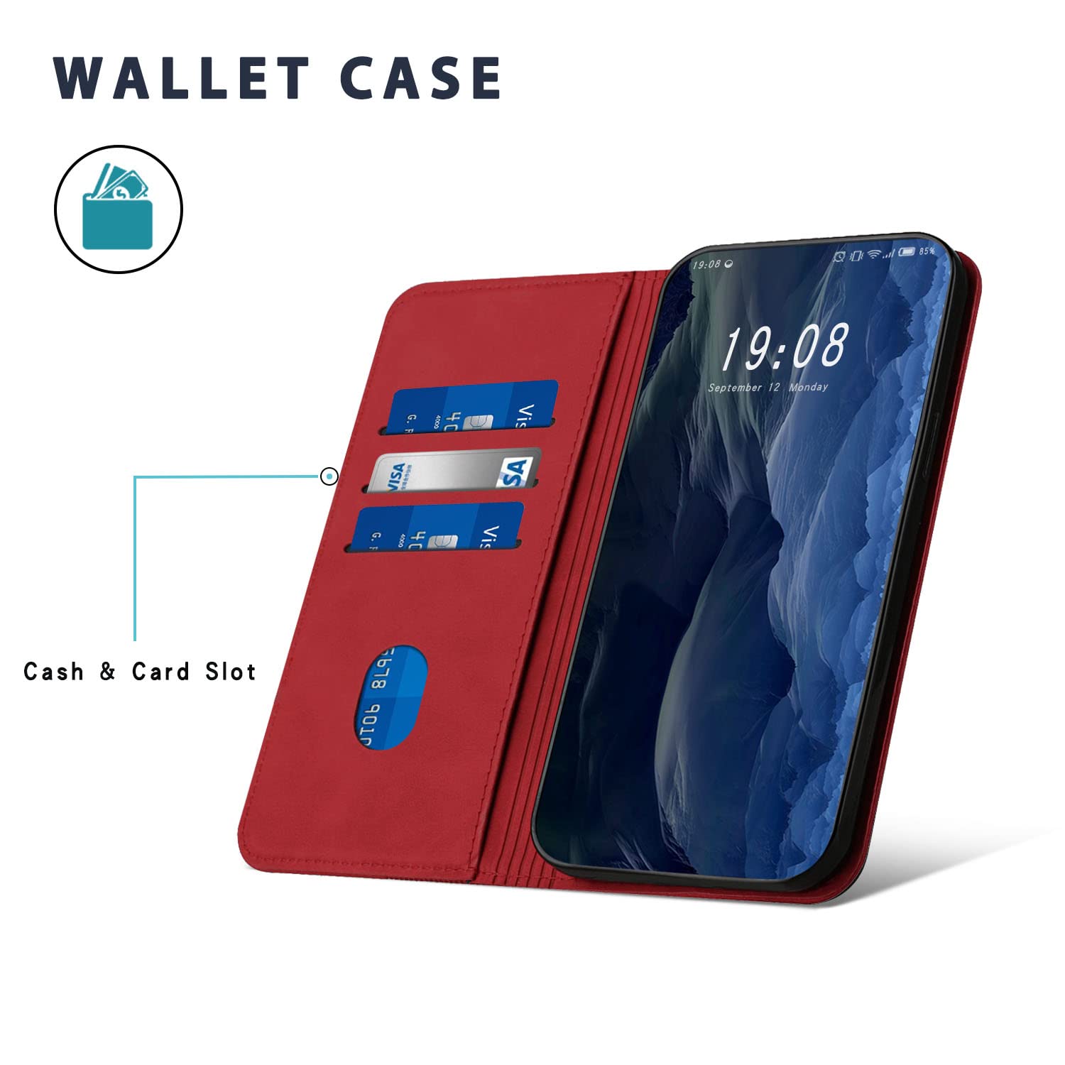 Case for Huawei P Smart 2019, Premium Protective Leather Case Cover with [Card Slots] [Magnetic], Flip Folio Wallet for Huawei P Smart 2019 (Red) - 4