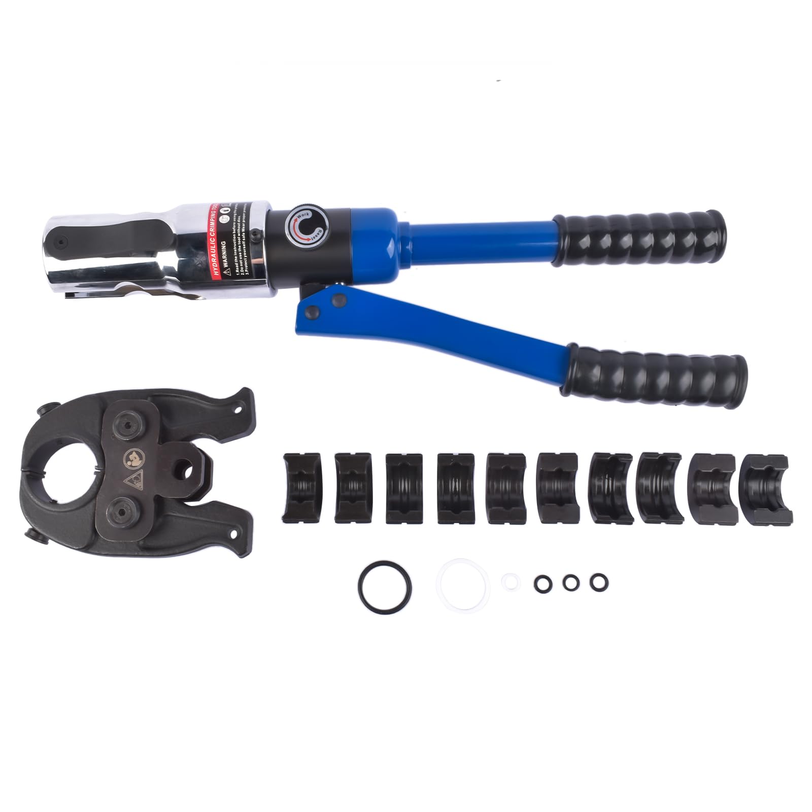 Profi Presszange V-Kontur (hydraulisch) 12-15-18-22-28 Set Presswerkzeug mit 360° drehbarem Kopf für Kupferrohr, Edelstahlrohr, Edelstahlrohr, Backeneinsätze V12, V15, V18, V22, V28, Blau