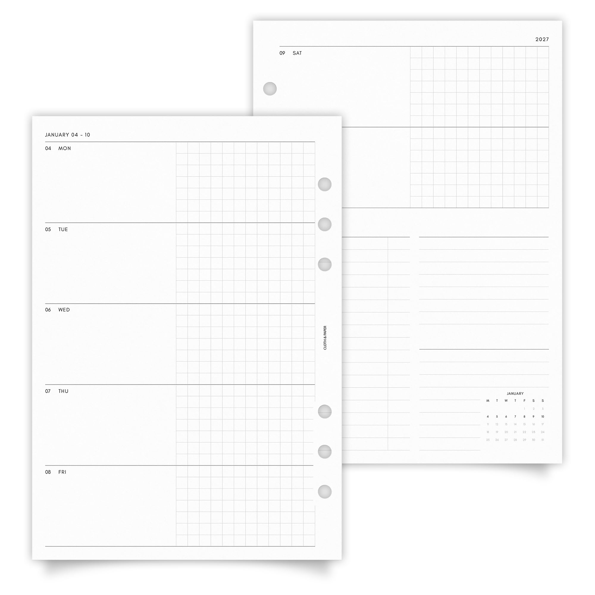 Cloth & Paper 2027 datierte Wochenplaner-Einlagen | Montagsstart | A5-Planer-Nachfüllpackungen | Woche auf 2 Seiten Layout mit Diagrammabschnitten | Jahr auf einen Blick, Notizseiten und Monatshüllen