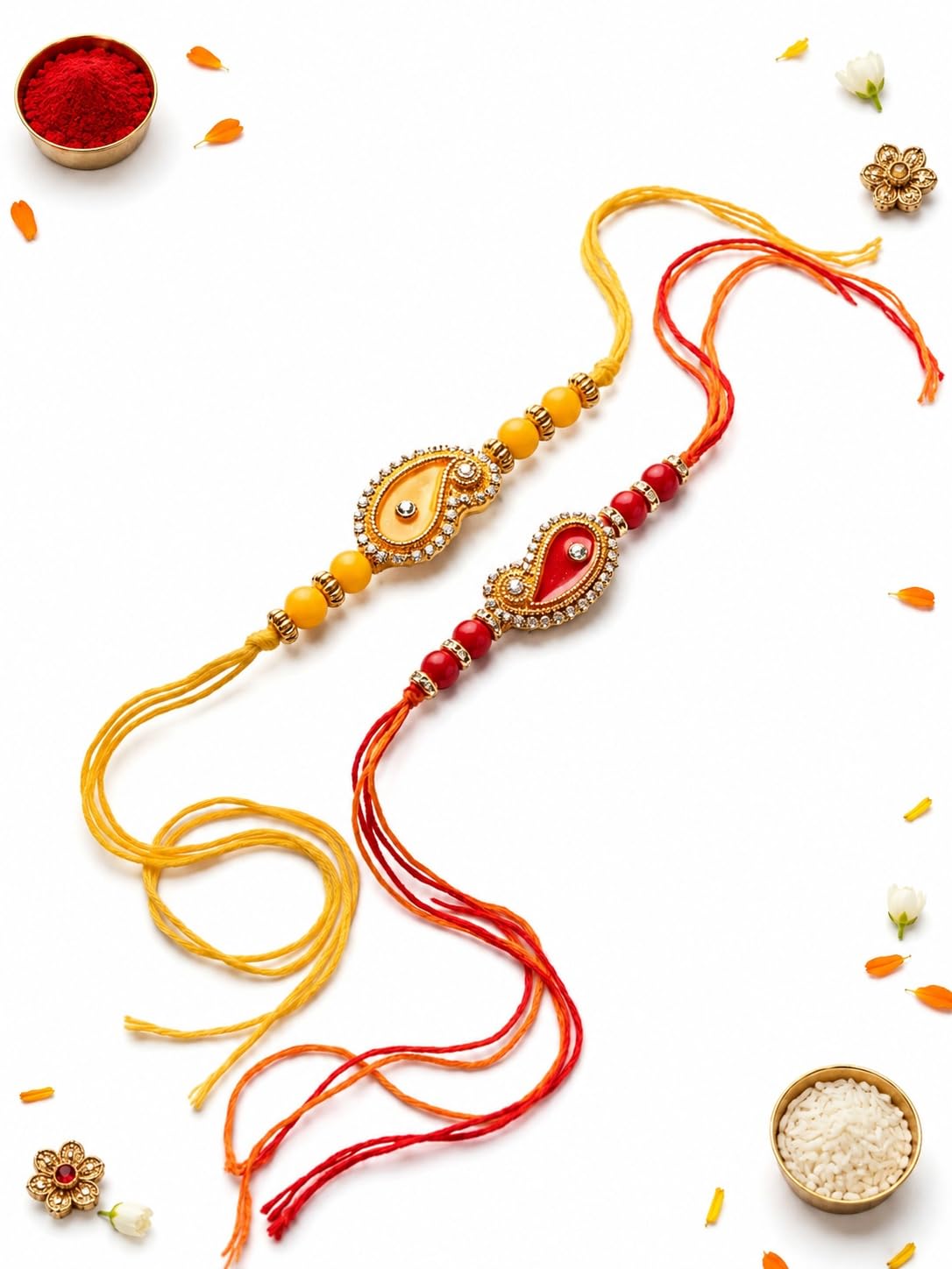 Designer Set of 2 Yellow and Red Kairi Booti Rakhi for Brother Bhai Bhabhi with Roli Chawal Pack | Premium Traditional Rakshabandhan Rakhi for Bhai, Bhaiya & Men | Decorative Beaded & Stone | Handmade Festival Gift-image-43