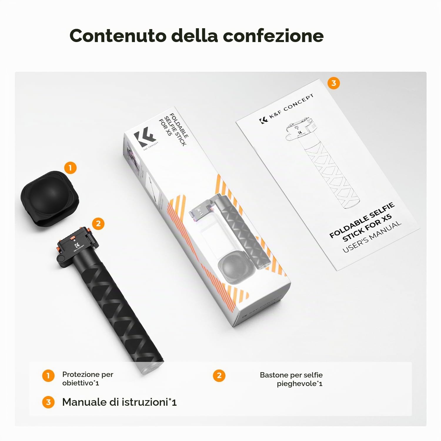 K&F CONCEPT Bastone Selfie Pieghevole Invisibile da 89 cm, Magnetico a Rilascio Rapido, Compatibile con Insta360 X5, in Alluminio con Impugnatura e Blocco di Sicurezza
