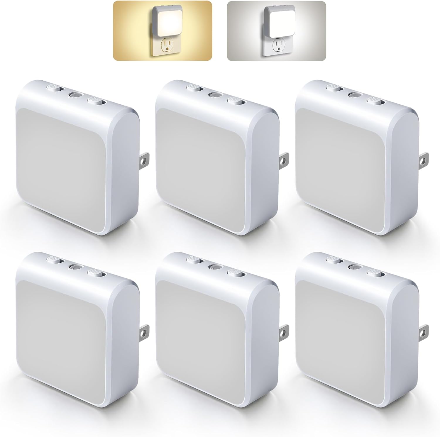 6-Pack Dimmable LED Night Lights with Dusk to Dawn Sensor, Adjustable Brightness 30-60lm, Auto On/Off for Bedroom, Kitchen, Bathroom, Hallway