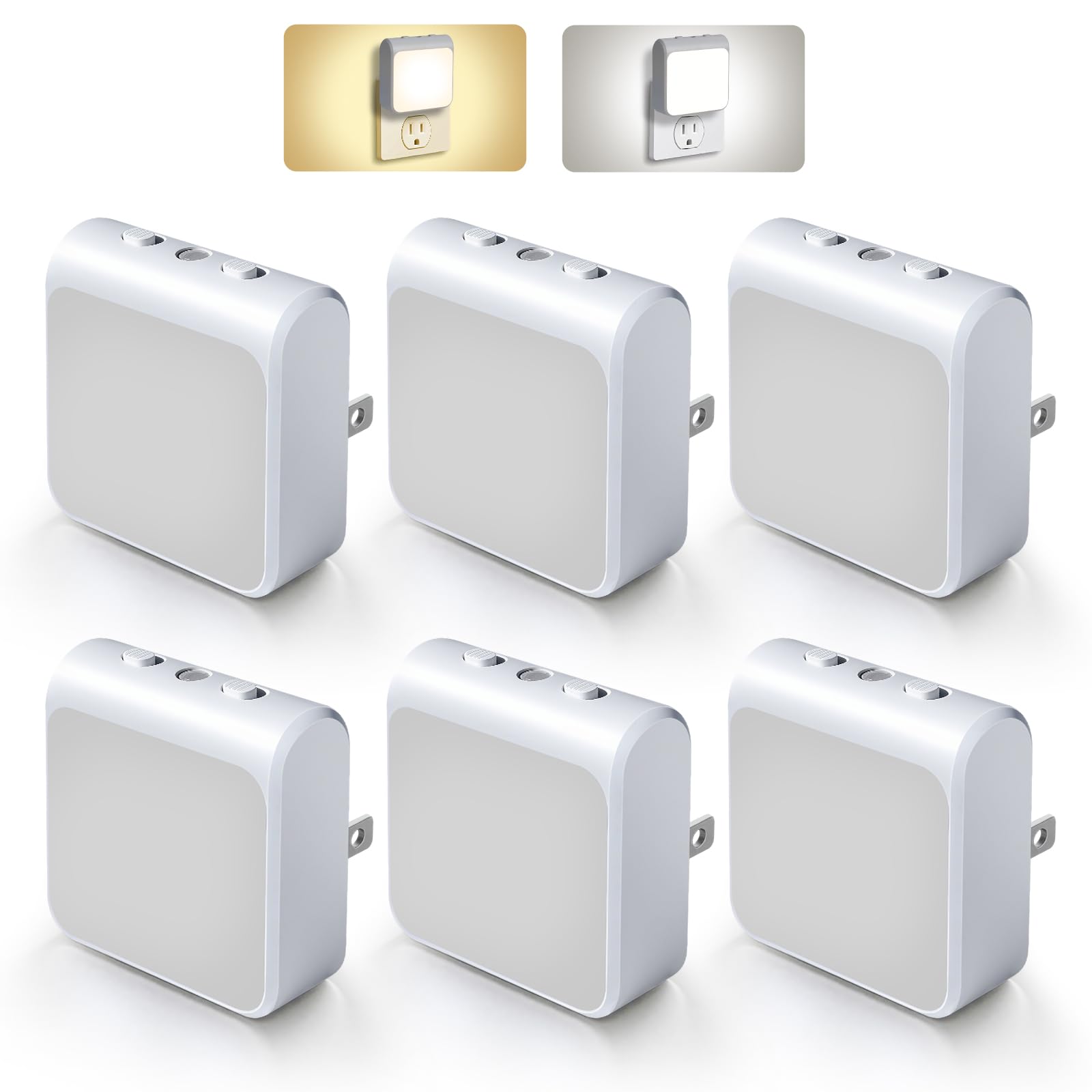 6-Pack Dimmable LED Night Lights Plug into Wall with Dusk to Dawn Sensor 2 Color in 1 Plug