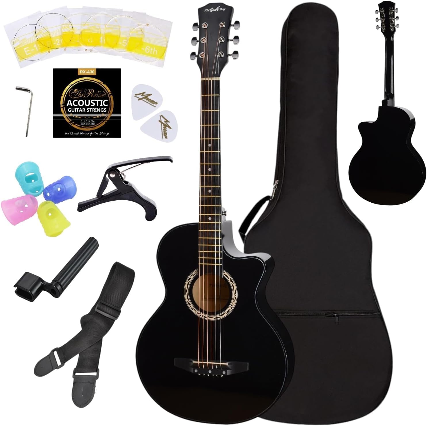 Guitar Heaven 38 Inch Acoustic Guitar with Truss Rod, Bag, Strings, Strap, Picks, Capo, String Winder & Finger Protectors - Complete Beginner Set - Professional Guitar Set - Bundle (BLACK)