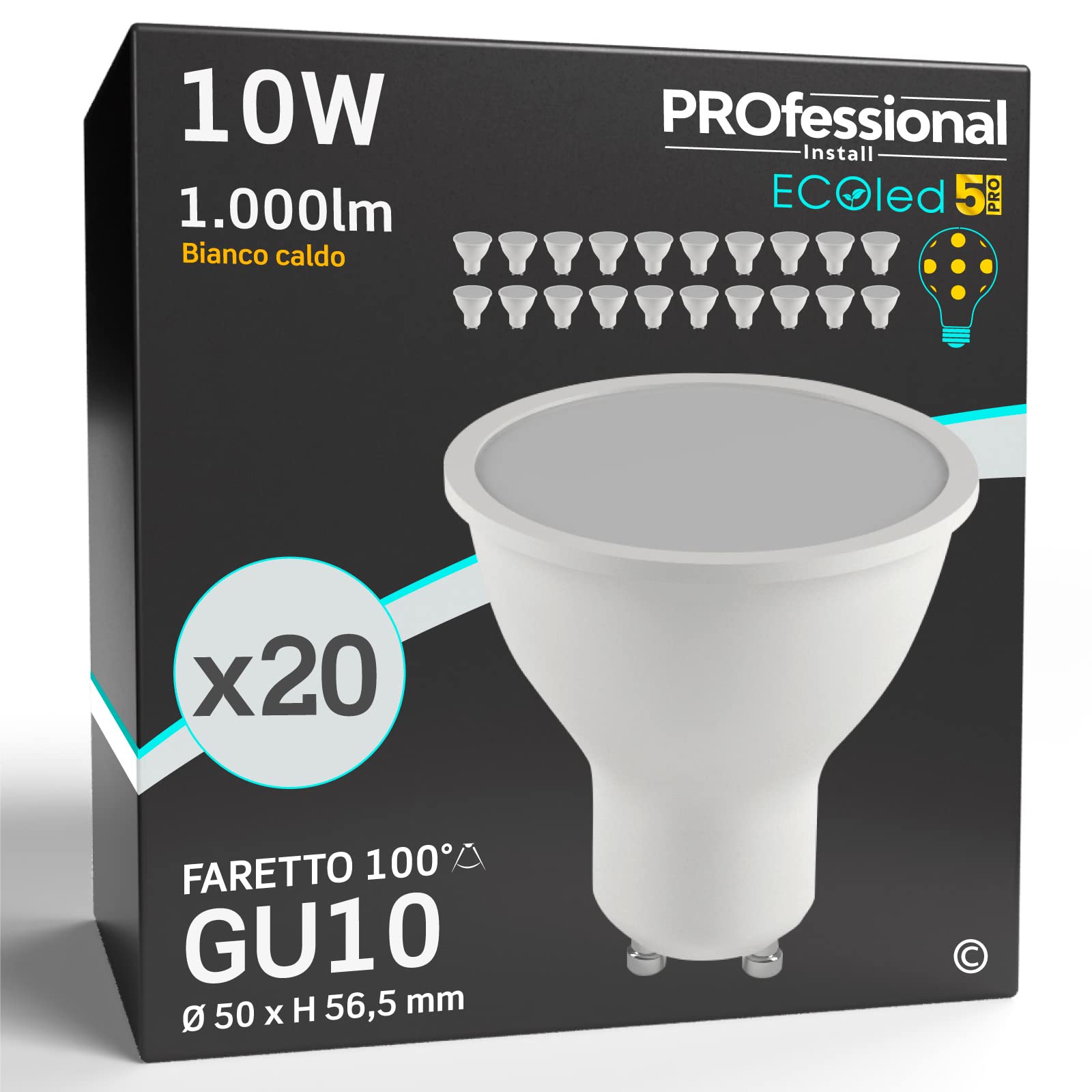 Eurocali 20x Lampadine LED GU10 10W Professionali Satinata Antiabbaglio 1000 lumen - Forma: Faretto - Luce Bianco Caldo 3000K - Fascio Luminoso 100°