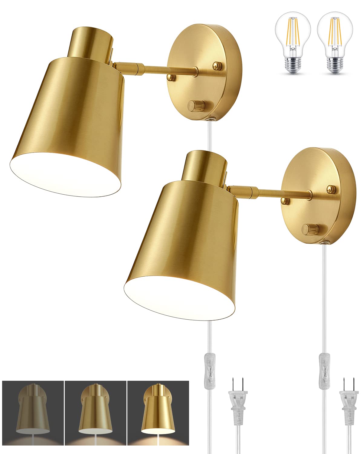 ZitoStory Gold Dimmable Wall Sconce Plug in, Wall Sconces Set of Two Swing Arm Wall Lights with 6FT Plug in Cord and On/Off Dimmer Rotary Switch,for Bedside Bedroom Bathroom(2 Bulbs Included)…