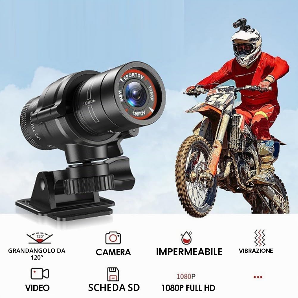 Videocamera DV Mini Sport Full HD 1080P 30fps, Videocamera DVR per azione casco moto impermeabile IPX-4, Videoregistratore per avventura all'aria aperta