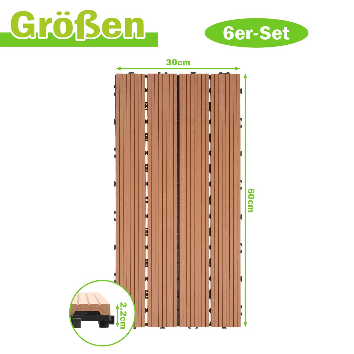 Ikodm Piastrelle in Plastica Composita WPC, 30x60cm60 Pezzi 10m² Pavimentazione in Plastica-legno all'aperto con Drenaggio e Sistema Plug-in, Antiscivolo, Marron