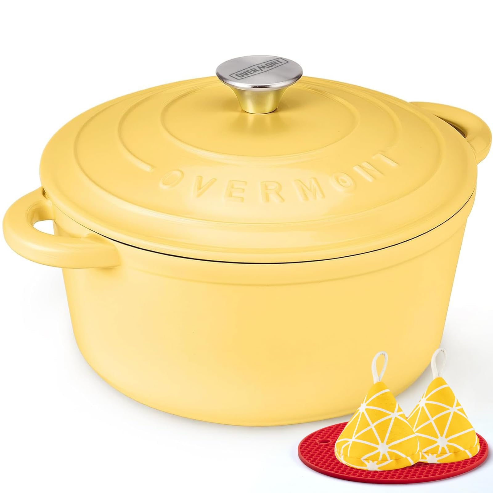 Overmont 24cm/4.2L Enamelled Cast Iron Round Casserole Dish With Lid,4.5QT, Cookbook -Non-stick Dutch Oven for Braising, Stews, Roasting, Bread Baking - Goose yellow