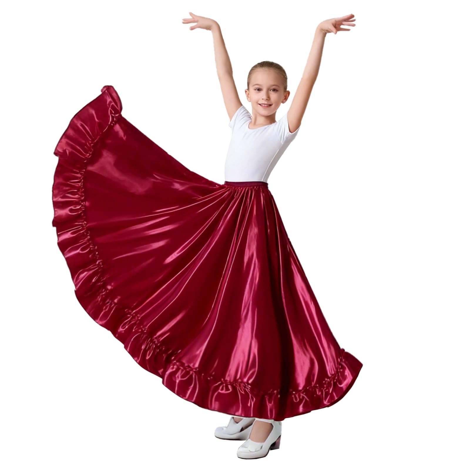 WJPUUS Satin Full Long Skirt for Circle Ruffle Skirt Satin Flowy Latin Belly Dance Umbrella Dress for Girls 8-12 Years