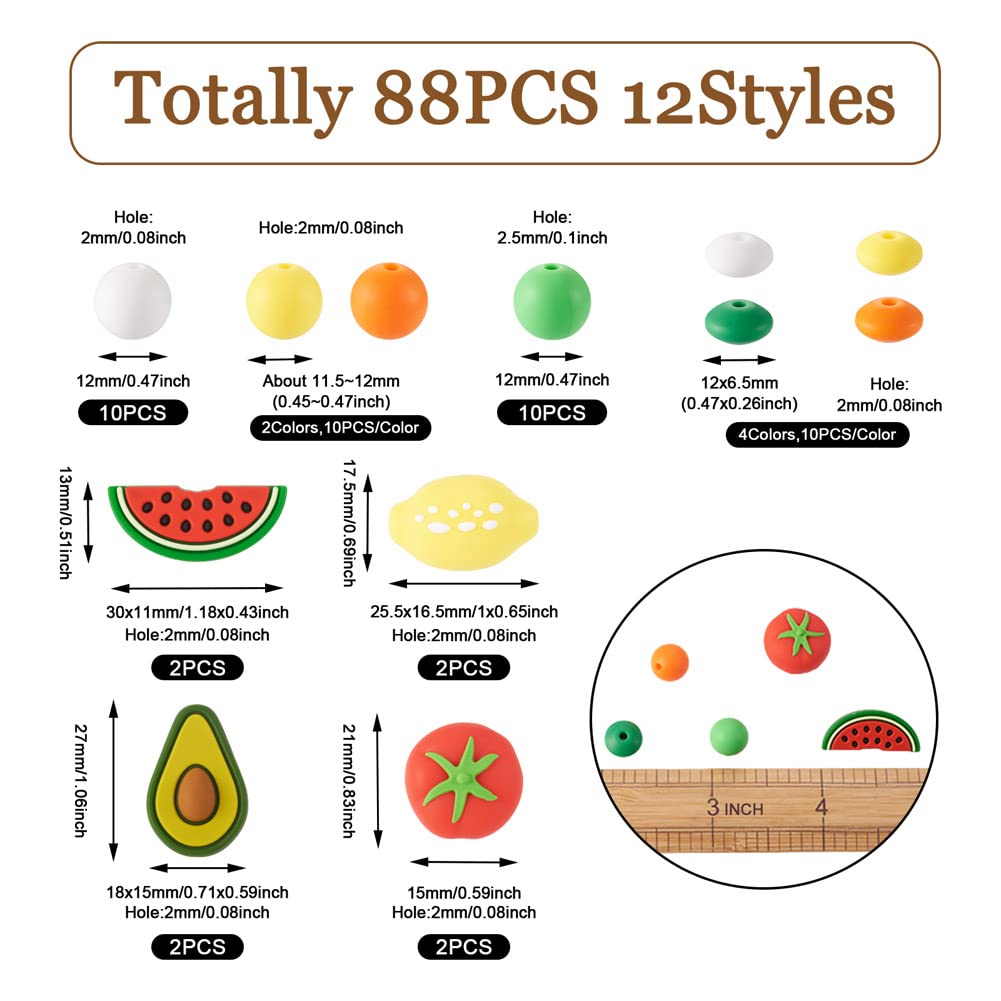 Cheriswelry 88Pcs Mixed Color Silicone Loose Beads - 12mm Round Avocado, Lemon, Tomato & Watermelon for DIY Jewelry Making - Image 2