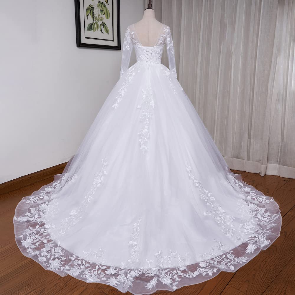 Vestidos de Novia Princesa Cuello V Manga Larga Encaje Vestidos de Boda Tren Largo BA-VL-0627