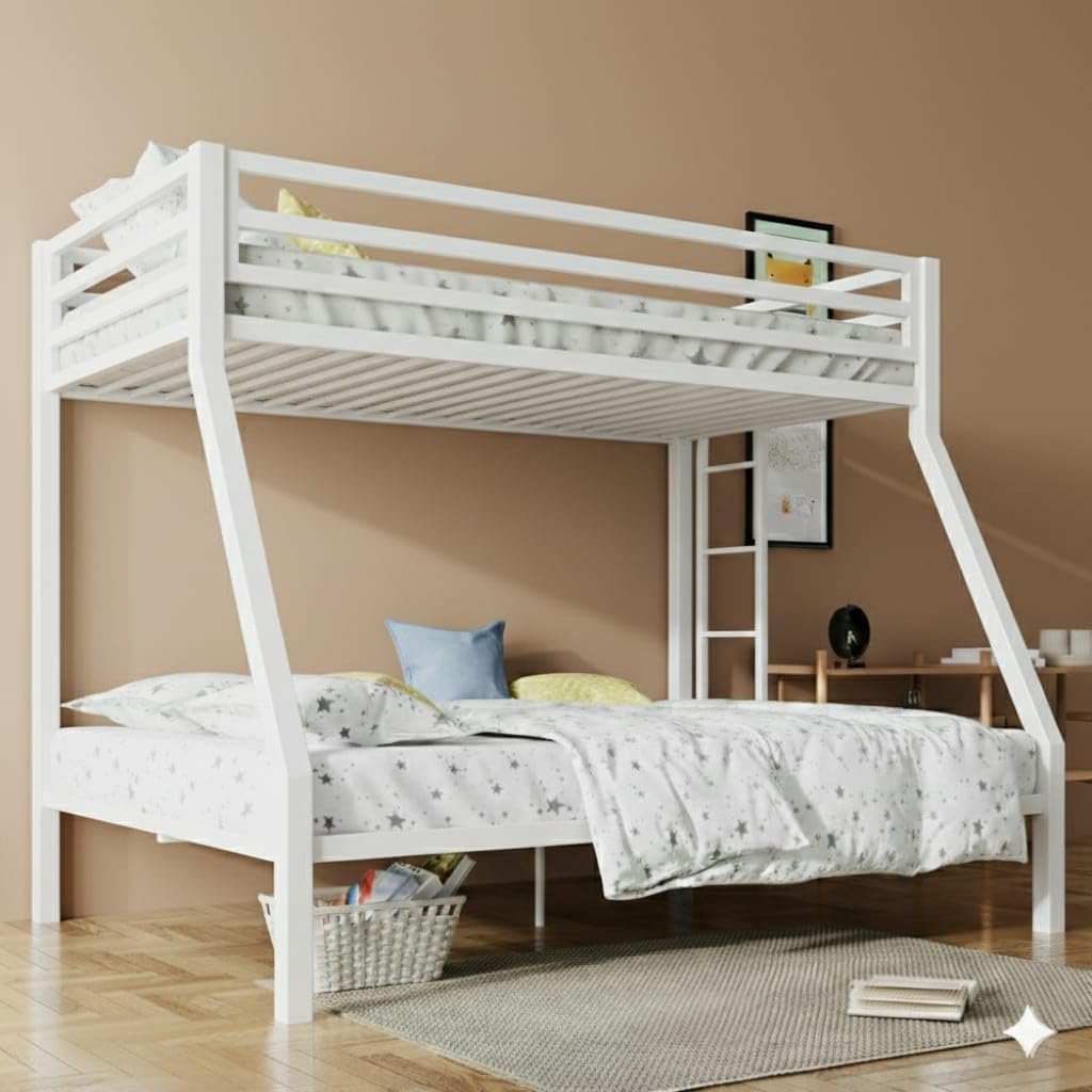 Twin Over Twin Metal Bunk Bed Frame with Ladder, Heavy Duty Steel Bunk Bed, Full Length Safety Guardrails, Noise Free Metal Slats Support, Space Saving Bed for Kids & Adults, White