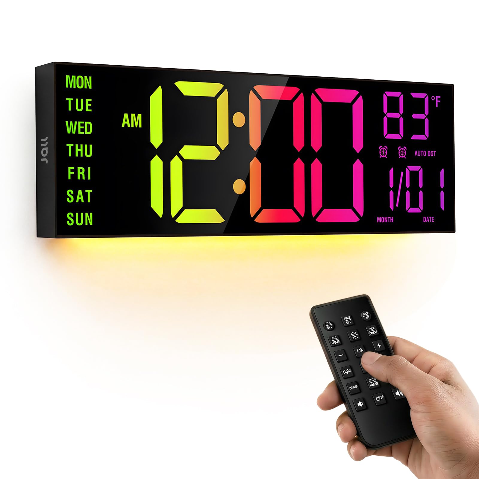 JALL 15.98-ich Large Digital Wall Clock, RGB Lights with Remote Control, Dual Alarms with Big LED Display, Auto DST, C° / F° Temperature for Classroom, Birthday Gift, Senior