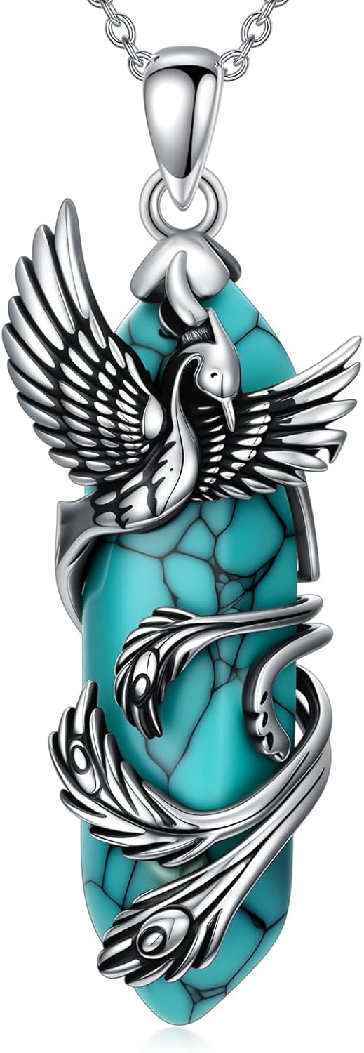 PEIMKO 925 Sterling Silver Hexagonal Turquoise Exquisite Dragon and Phoenix Pendant Necklace Boho Style Jewelry Gifts for Women Men