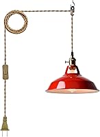 YUBOLE Vintage Red Barn Shade Plug-in Pendant Light - Adjustable Cord, Dual Switches, Swag Hanging Lamp for Kitchen Bedroom Loft Cafe