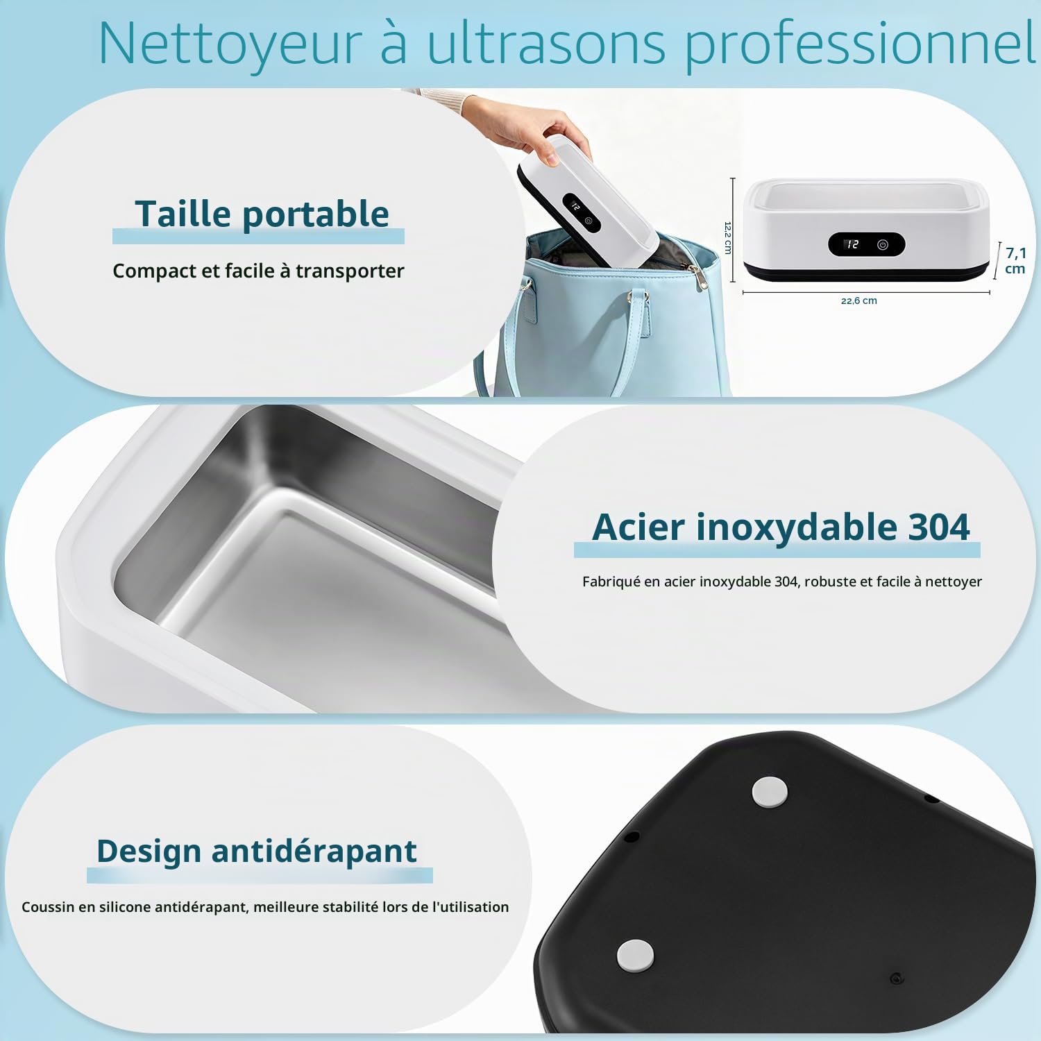 Nettoyeur Ultrasons Lunettes 650ML, 48KHz Nettoyeur Bijoux à Ultrason, Ultrasonic Cleaner avec 5 Minuteries Numériques, pour Bijoux, Dentier, Montres, Lunettes, Tête de Rasoir