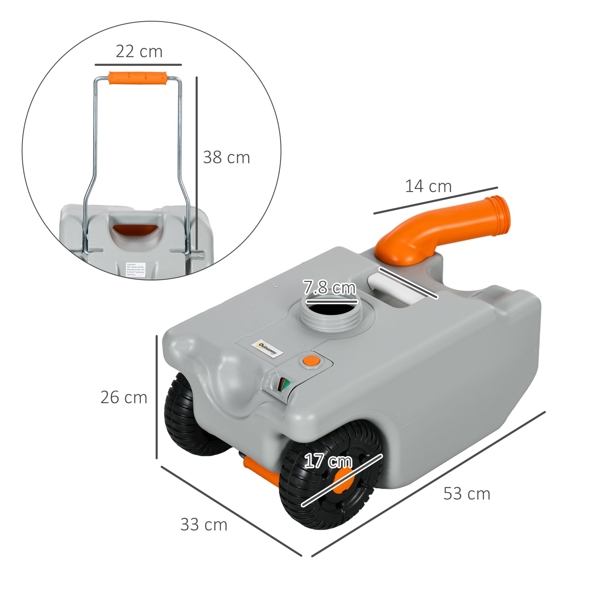 Outsunny Serbatoio Acqua 22L da Campeggio con Ruote, Tanica Acqua Reflue per Camper e Roulotte con Maniglia, Tubo e e Beccuccio Girevole, Grigio