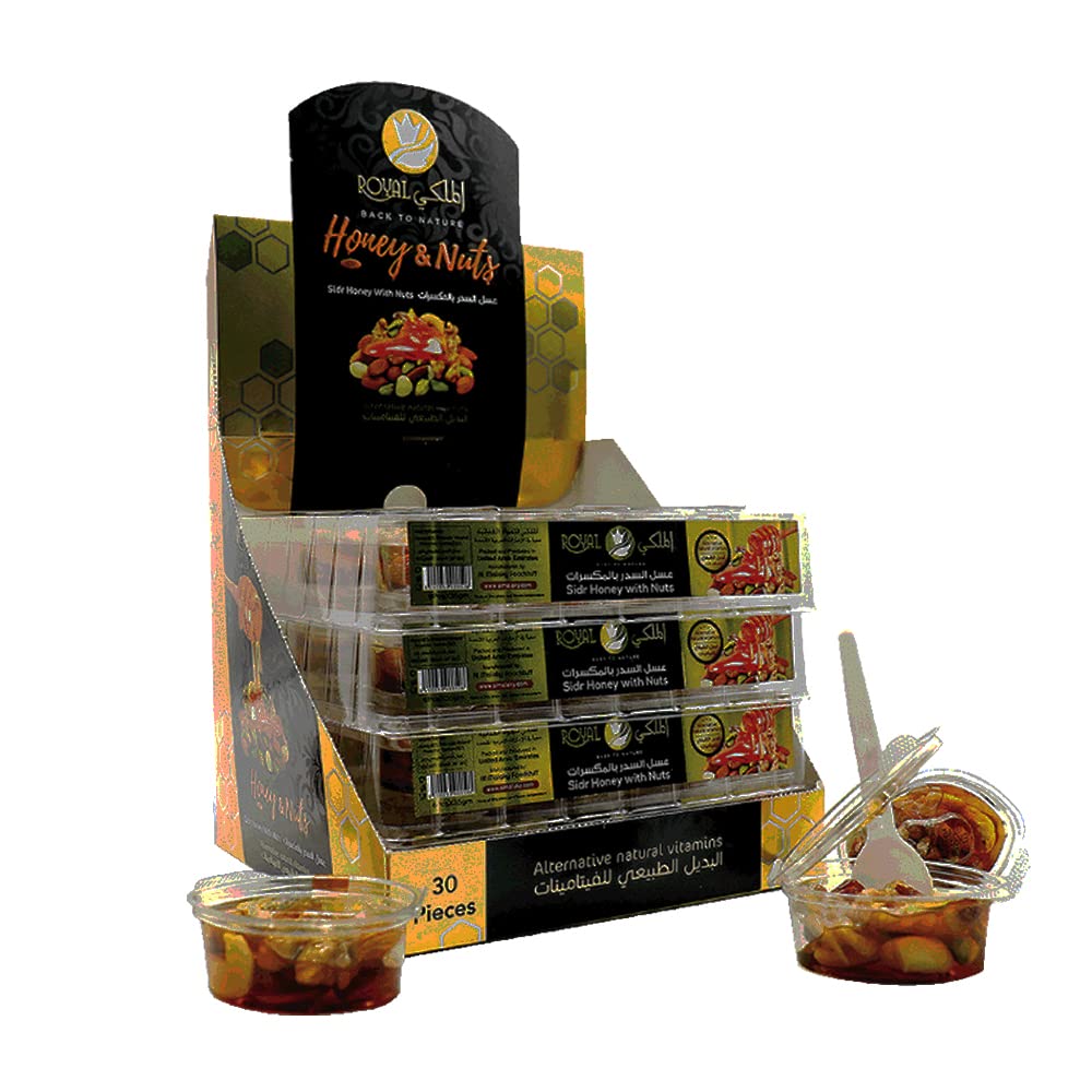 Al Malaky Royal, Premium Sidr Honey with Fresh Nuts, Sweet & Natural Snack, Pure Honey Flavour, For Active Lifestyles, Gym, Work & School (Pack of 30)
