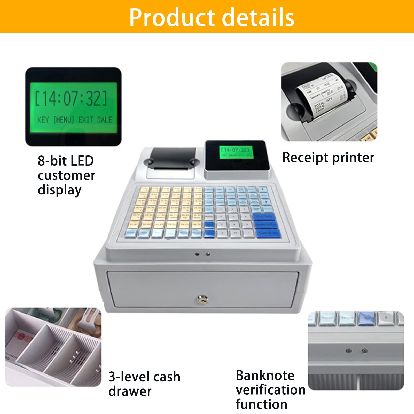 Elektronisches Bargeld im Supermarkt mit Schubladengehäuse, 81 Tasten, LED-Anzeige, Registrierkasse, Digitale LED-Anzeige für Einzelhandel/Restaurant