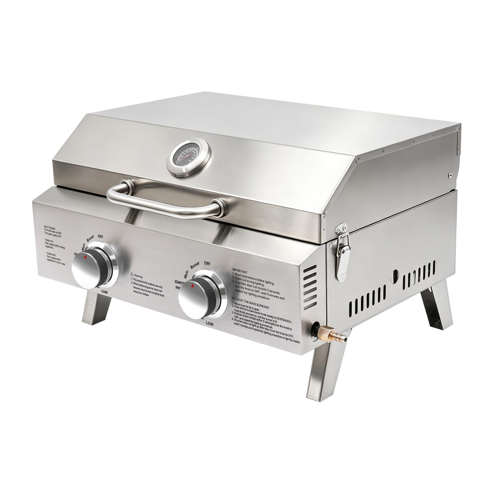 Barbacoa de Gas, 2 Quemadores, Acero Inoxidable y Piedra para Pizza | Barbacoa de gas de mesa con 2 quemadores, acero inoxidable, plegable y con piedra para pizza, ideal para exteriores.
