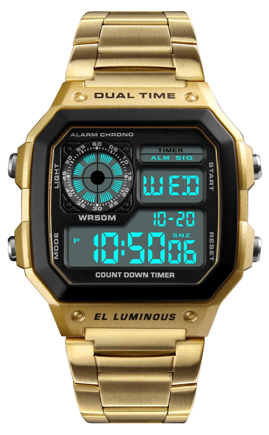 Reginald Watches for Men Fashion Trend Gold Multifunction Waterproof Watch LED Digital Chronograph Stainless Steel Square Watches (Gold)