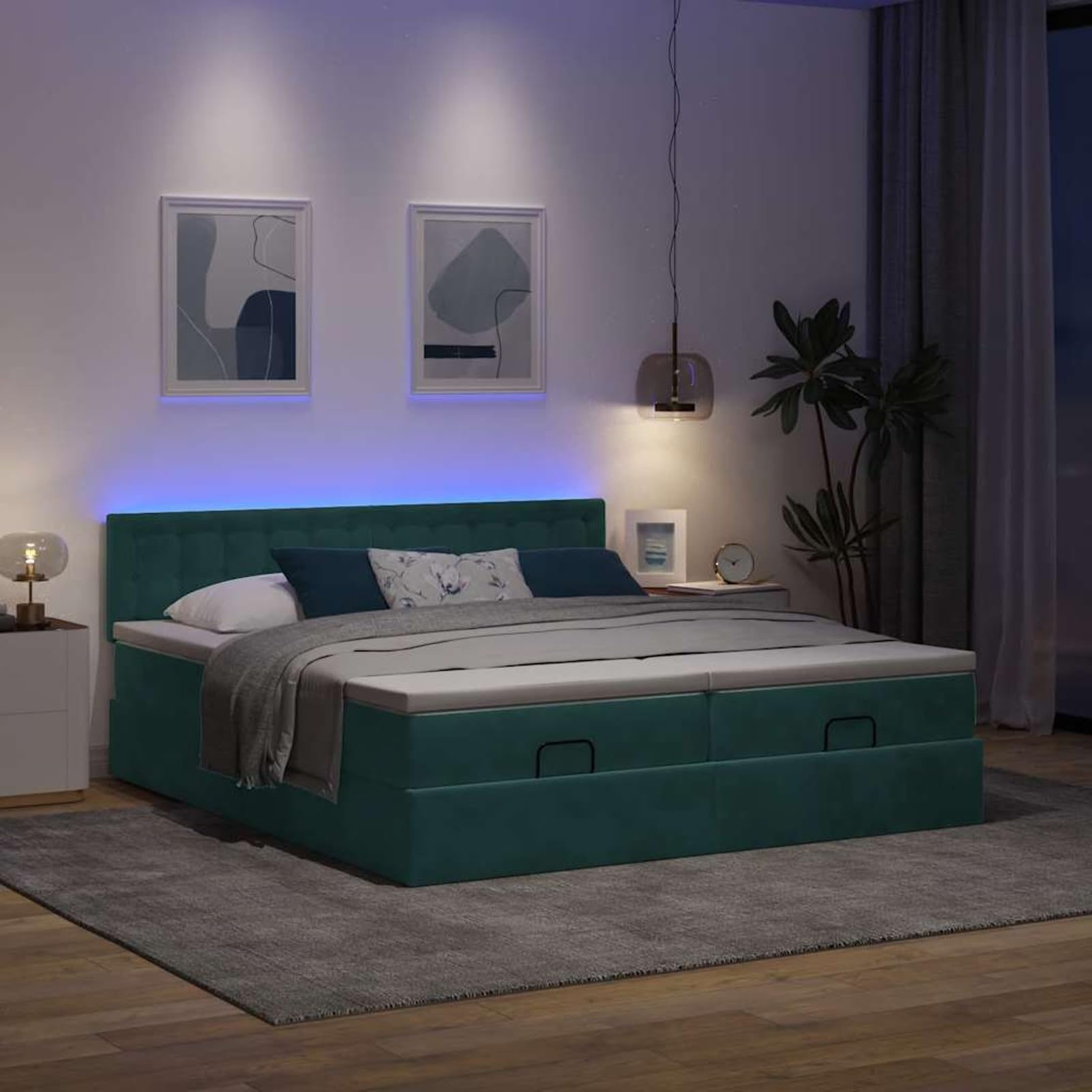 Gecheer Cama Otomana con Almacenamiento y Colchón de Resortes Encajados, Tela de Terciopelo, Luces LED, para Dormitorio y Descanso