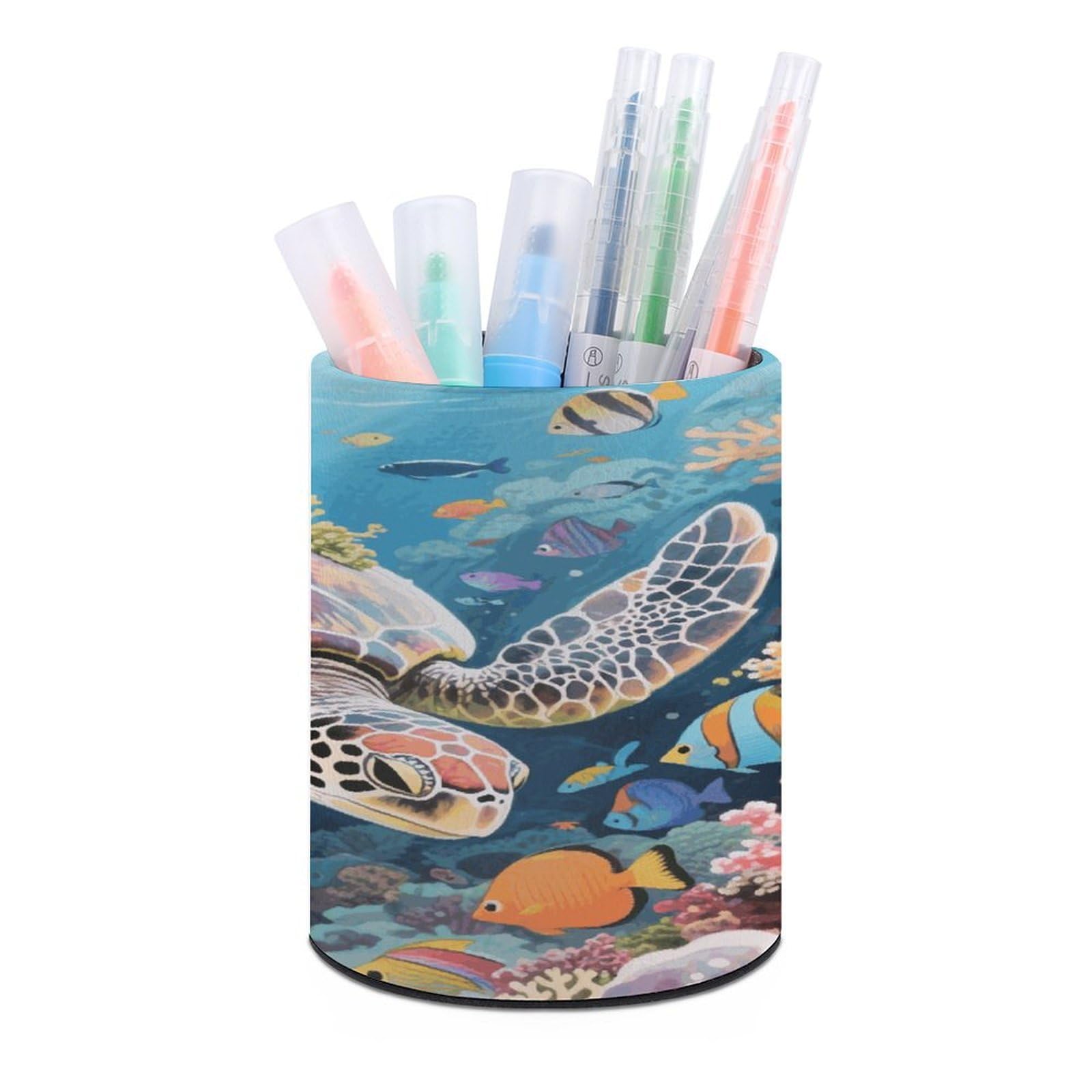 VstaDank Swimming Turtle in Coral Reef Pen Holder Round Pencil Holder Cup Pen Container PU Leather Desk Organizer Stand Decor Brush Scissor Holders Decoration Office Desk Home (3.1 X 3.9 Inches)