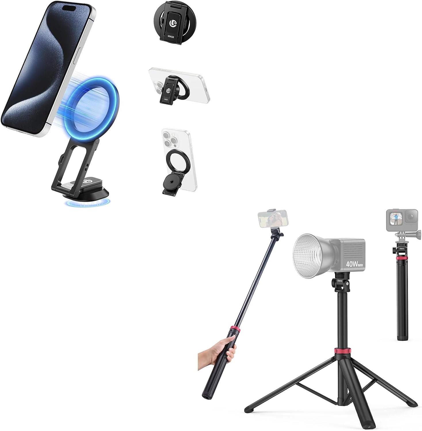 ULANZI MT-79 Extendable Camera Phone Tripod Aluminum 81" Portable Adjustable Light Stand with 1/4" Screw & 360° Ball Head + ULANZI MA50 Aluminium Dual Magnetic Phone Tripod Stand Holder for Magsafe