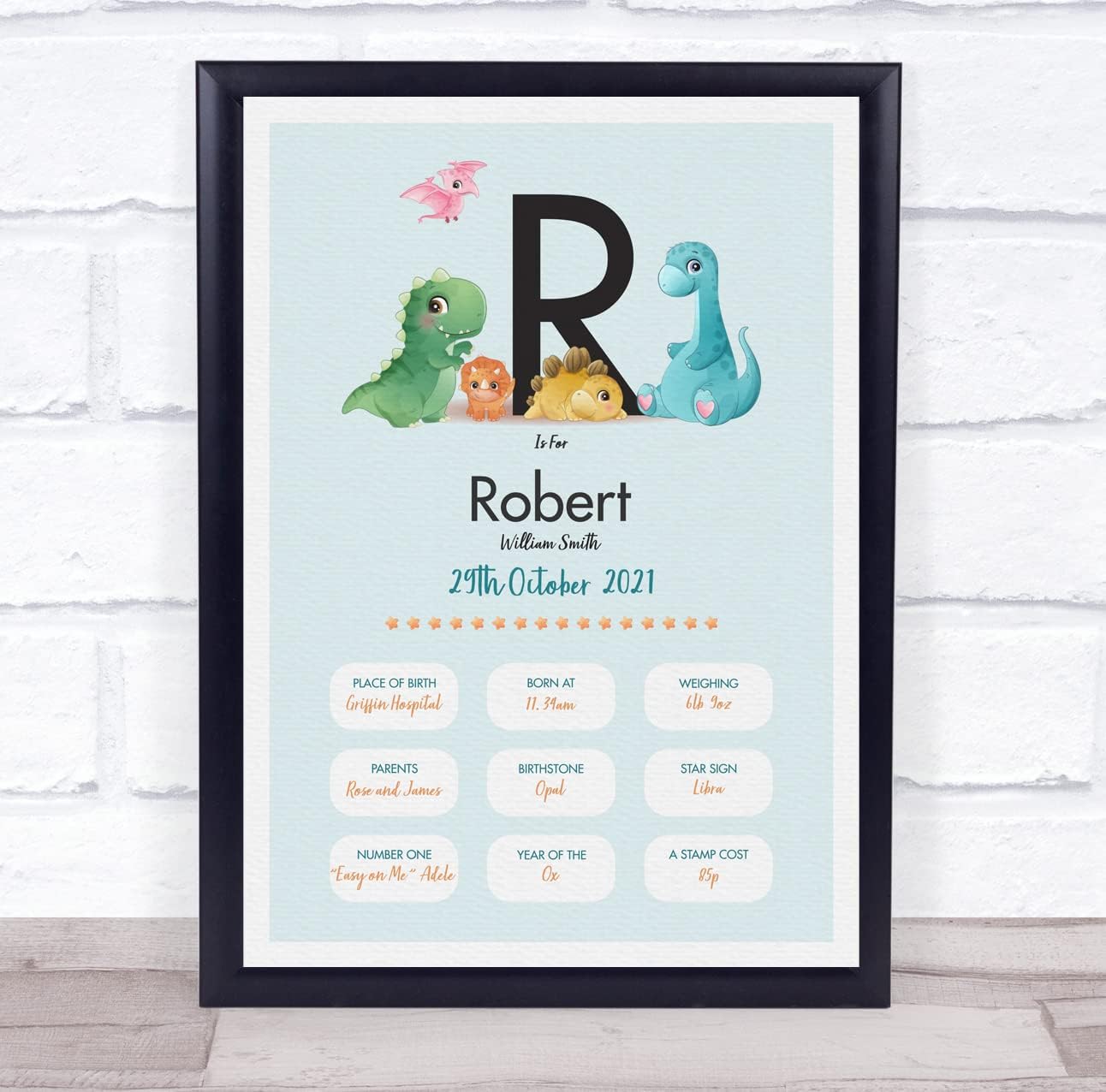 New Baby Birth Details Christening Nursery Dinosaur Initial R Gift Print