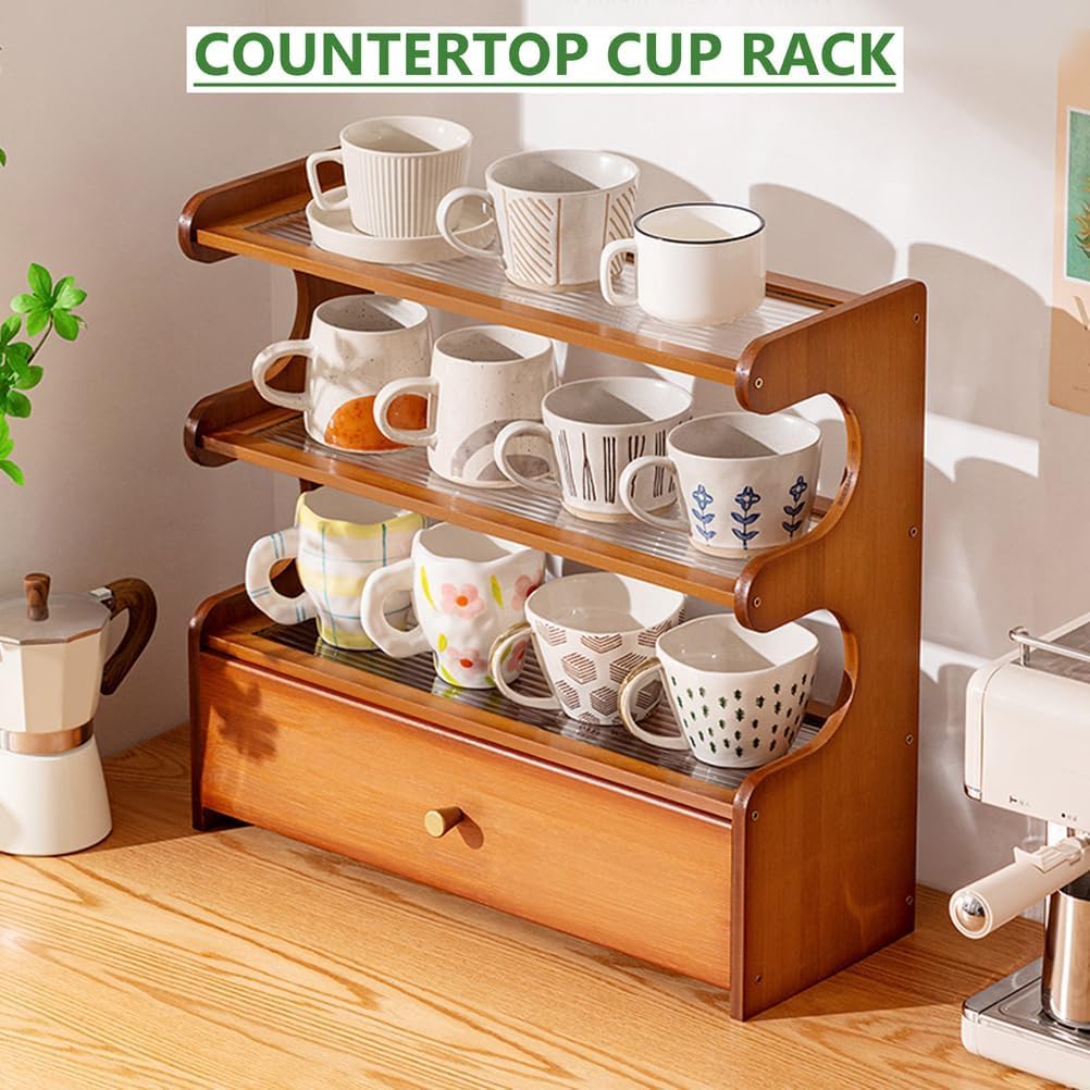 3-stöckiger Bambus-Kaffeetassenhalter für die Küche, 50 cm, K-Cup-Organizer, stilvolles Aufbewahrungsregal, Braun und Schwarz, perfektes Kaffeezubehör.