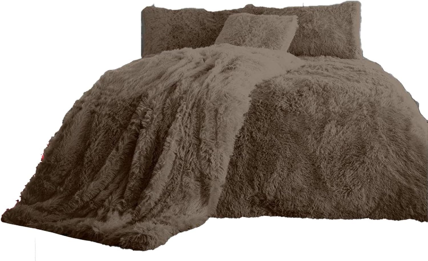 Dazzle Collection Teddy Cuddles Fluffy Fur Fleece Duvet Cover with Pillow Case Set Super Soft Warm & Cosy Hug & Snug Long Pile Fleece Quilt Cover Bedding Set (Mink, Super King)
