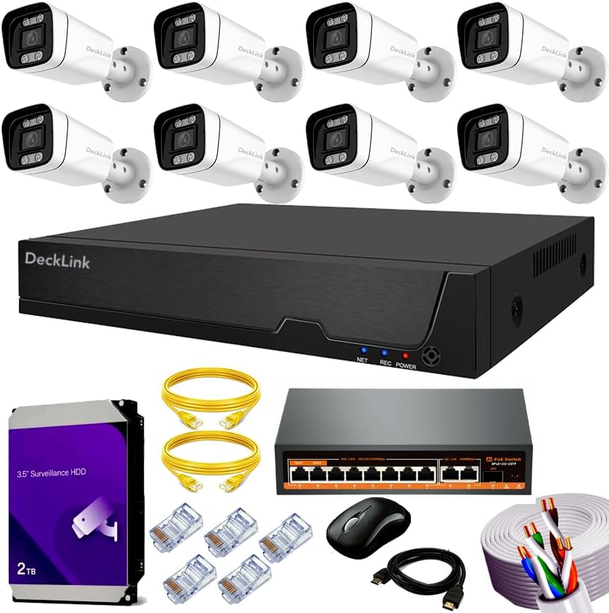 DeckLink 8Mp 4K UHD 2160p Ip Cctv Camera Full Set Metal Body Audio Mic Inbuilt, Poe 8+2 Full Giga 1000Mbps Switch, Cat6 Cable With 2Tb Surveillance Hard Drive And All Accessories