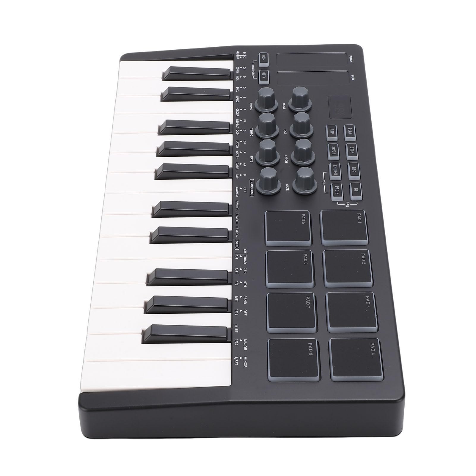 Teclado MIDI, Controlador MIDI Portátil con 25 Teclas, 8 Pads Retroiluminados RGB y 8 Perillas para Grabación en Computadora Producción Musical Piano Eléctrico (Negro)