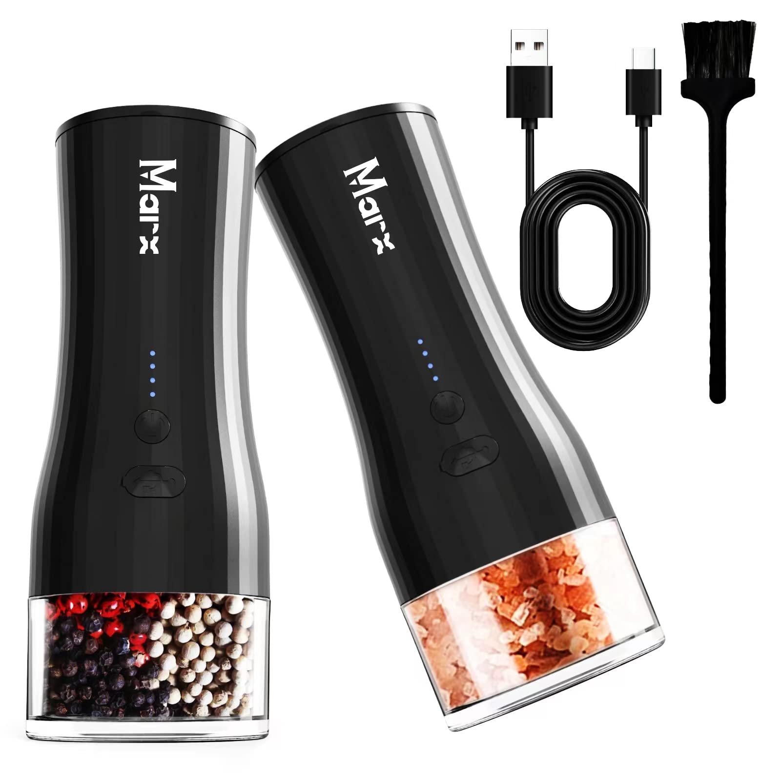 Marx Electric Salt and Pepper Shakers Set - Rechargeable, One-Handed Auto Operation with Adjustable Coarseness, LED Light, and USB Cable,Automatic Pepper and Salt Grinder with Brush - Pack of 2