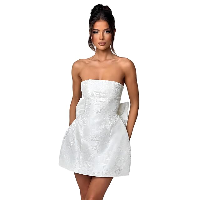 JUMISEE Embroidery Satin Homecoming Dress with Bow Modest Strapless Mini Dresses A Line Short Prom Dress Party Gown
