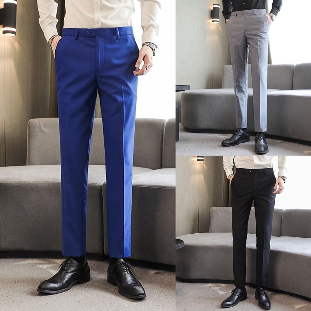 Pantalones de vestir elegantes para hombre, ajustados, color liso, para oficina y bodas