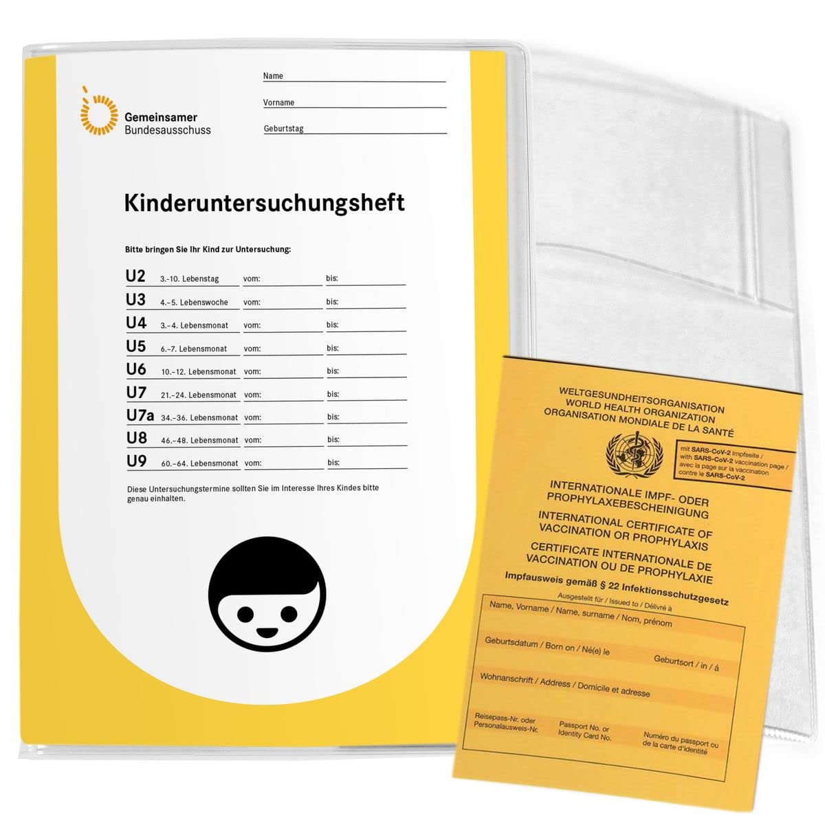 Mikalino Uheft Hülle für das gelbe Untersuchungsheft Transparente U-Heft Schutzhülle aus Kunststoff mit Fach für Impfpass Uhefthülle mit 3 Fächern für Krankenkassenkarte, Grösse:200 Stk.