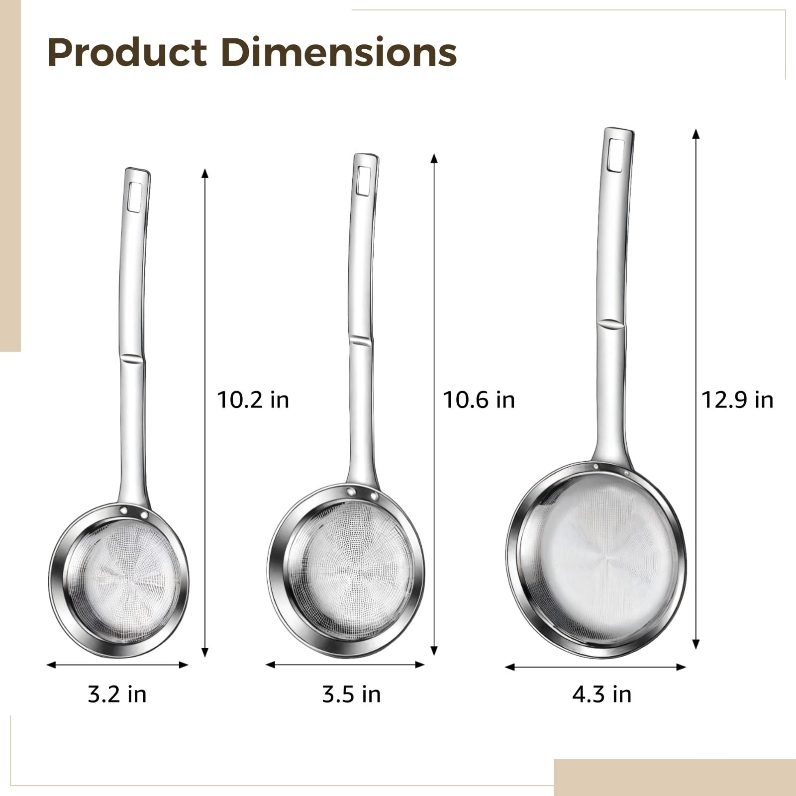 Feinmaschiges Küchensieb Set, 3 Stk. Siebe aus Edelstahl, ideal zur Trennung von Öl und Schaum im Hot Pot, mit langem Griff, 8 cm 9 cm 11 cm für Kochen und Abseihen
