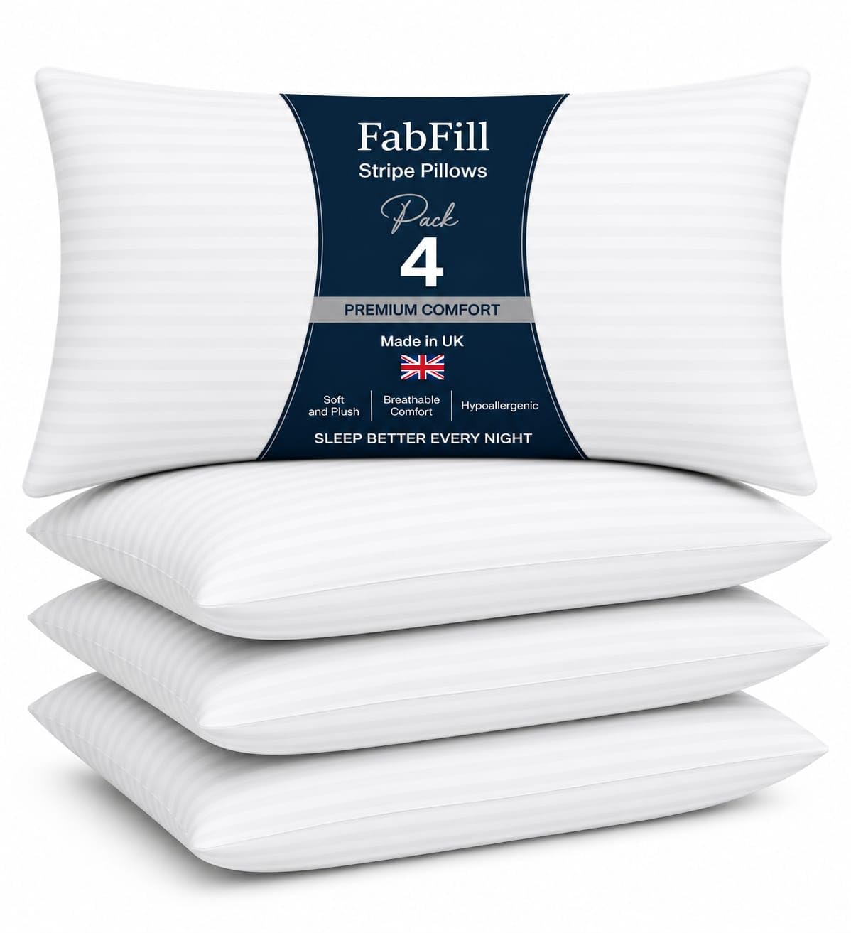 Pillows 4 Pack – Hotel Quality Striped Bed Pillows, Soft Hollowfibre Filling, Bounce Back Support, Luxury Pillows for Side Sleepers, Made in UK (Pack of 4)