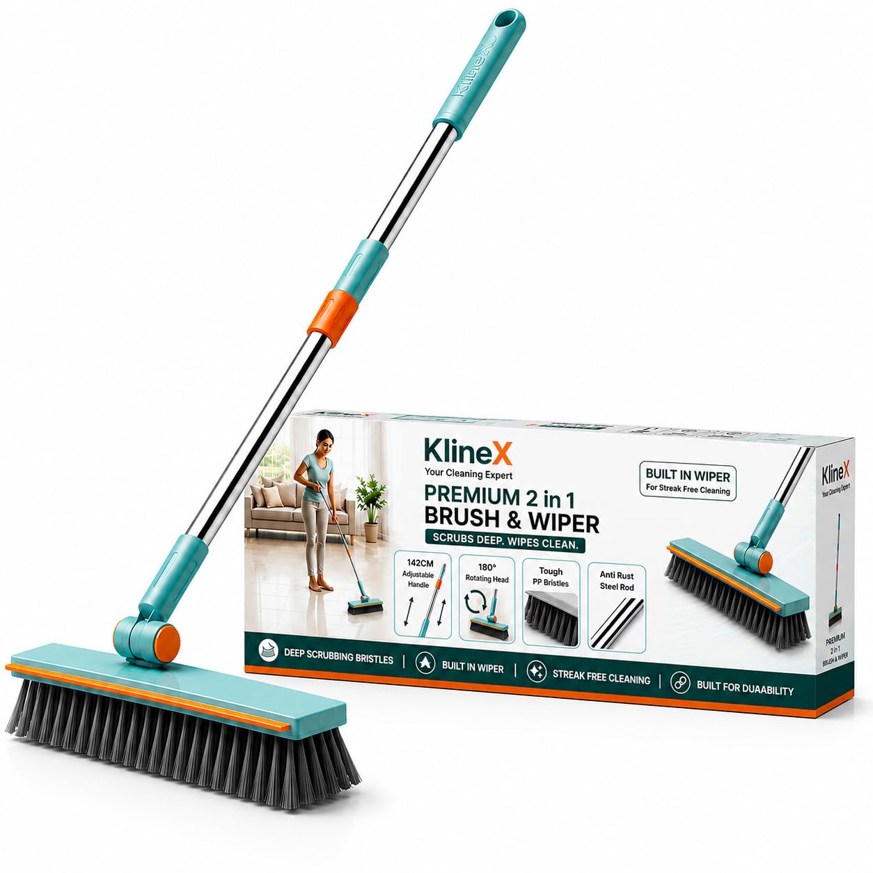 Klinex Premium 2-in-1 Floor & Tile Scrub Brush with Wiper | 180° Rotating Scrub Brush for Kitchen & Bathroom | Adjustable Stainless Steel Long Handle | Heavy-Duty | Bathroom & Kitchen Cleaning Tool