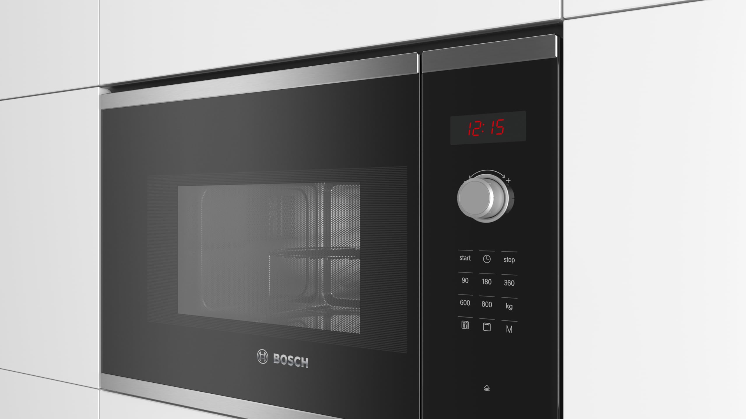 Il forno a microonde Bosch BEL523MS0 si integra perfettamente in un moderno mobile da cucina, con la porta chiusa.