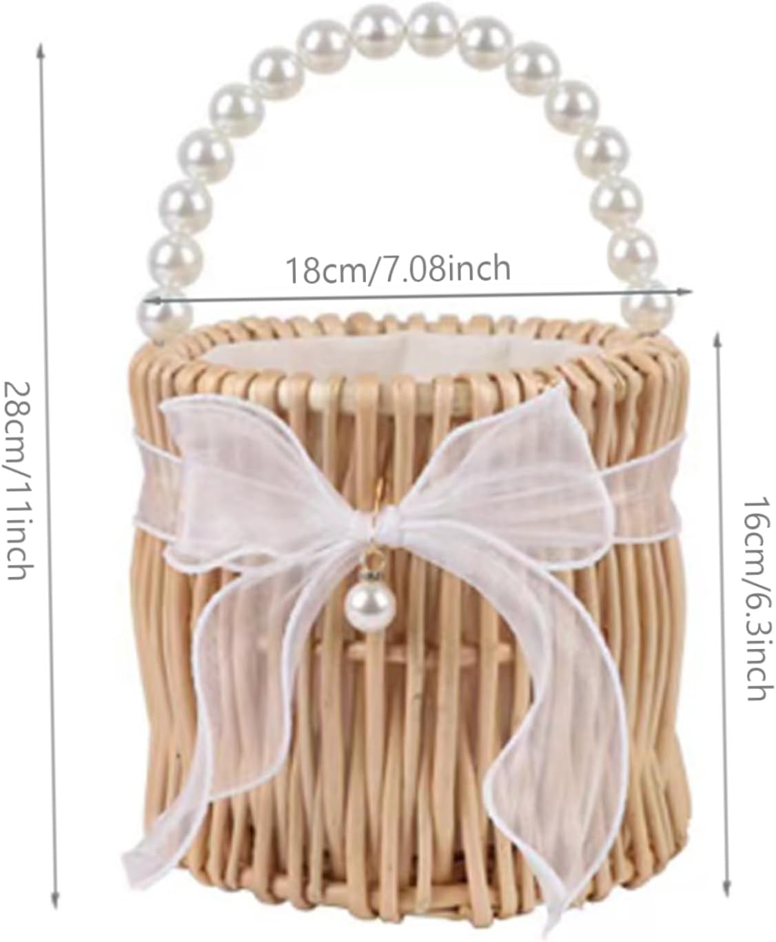 Wicker Rattan Basket with Handle Flower Girl Basket Pearls Willow Woven Baskets for Wedding Home Garden Decoration