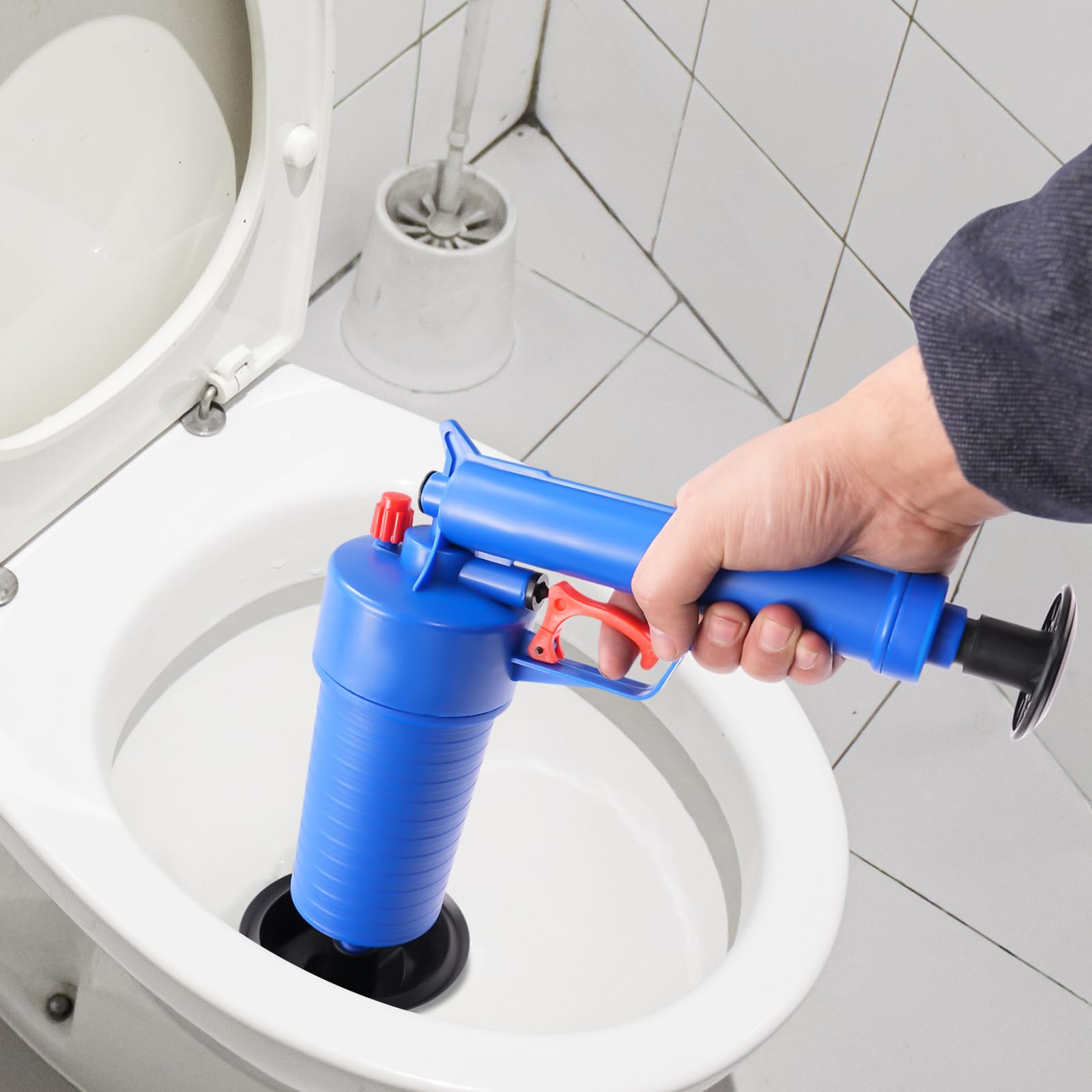 Limpiador de tuberías de aire comprimido, 4 bares, bomba de desagüe, juego de limpieza de tuberías para desagüe de suelo, lavabo, aguas residuales, bañera, azul oscuro (azul)