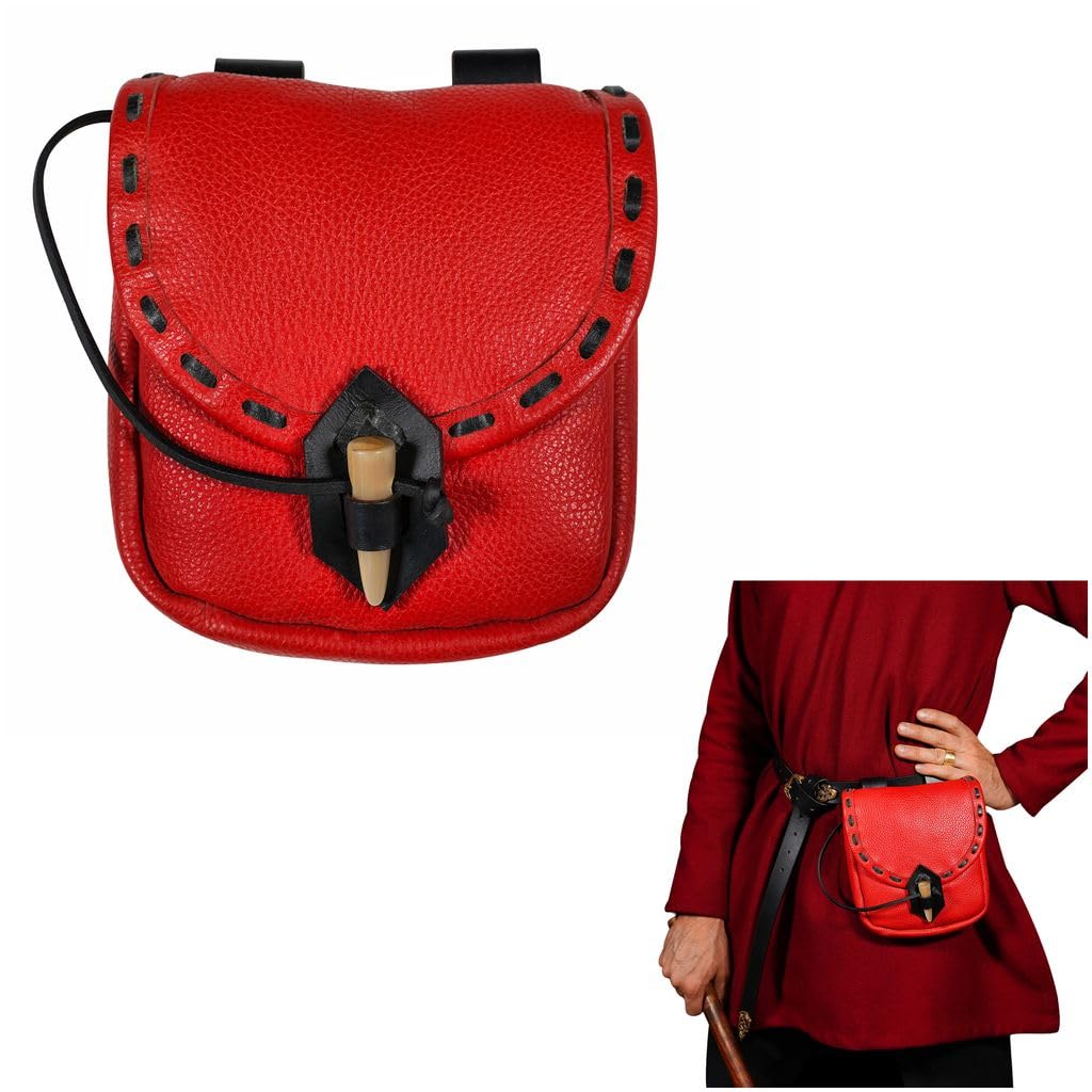 Mythrojan Riñonera de Cuero Original Medieval, Bolsa para Accesorios de Disfraces, cinturón Vikingo para Monedas (Rojo, 8 x 7 Pulgadas)