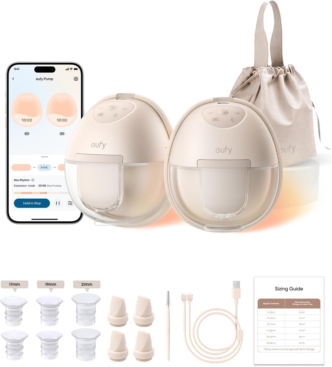 Sacaleches calefactable eufy S1, sacaleches con tecnología HeatFlow™, OptiRhythm™ controlado por app, succión de grado hospitalario, a prueba de fugas, ultrasilencioso para usar con sujetador.