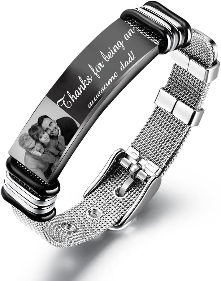 Kaululu Men Bracelet with Photo Name Engraved Personalised Bracelet Stainless Steel Wristband Gifts for Father and Son Brother Best Friend
