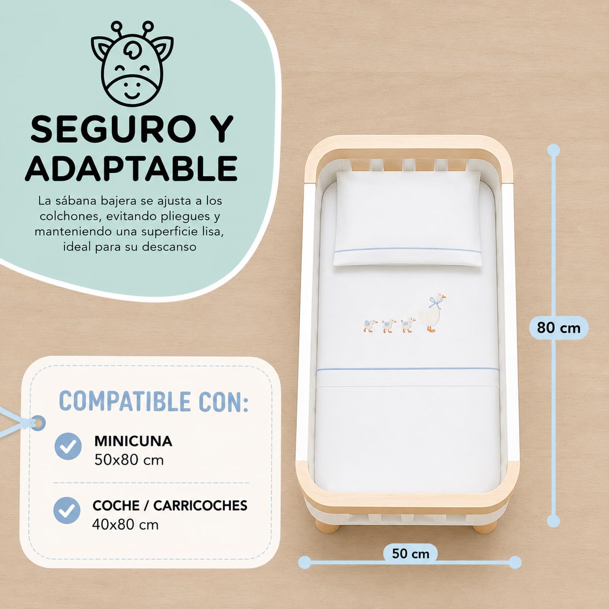 Sabanas Minicuna 50x80 100% Algodon Transpirables Lavables con Sabana Bajera Ajustable para Recien Nacidos Textil Suave Descanso Bebes + Encimera y Funda Almohada Patitos AzulPrimavera Verano